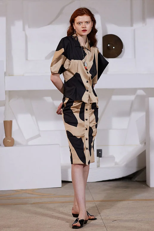 Rimless | Khaki Black Abstract Pleated Skirt silk skirt luxurious