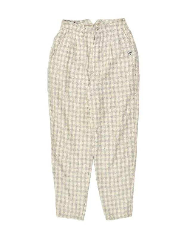 VINTAGE Womens Pegged Chino Trousers W27 L28 Beige Gingham Wool Trousers Pleated Formal VINTAGE Womens Pegged Chino Trousers W27 L28 Beige Gingham Wool Trousers Pleated Formal