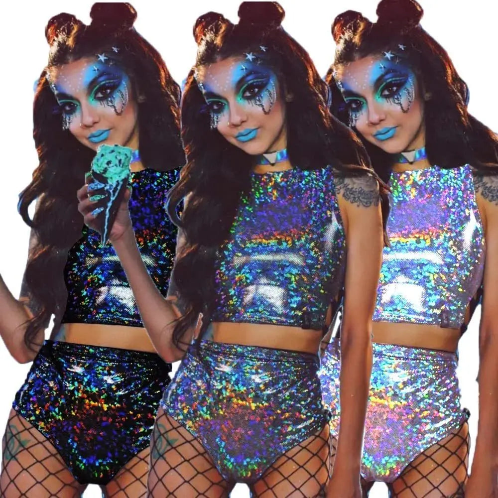 Holographic Reflect Festival Rave Outfits Sleeveless Tank Tops Super Shorts Pant Nightclub Carnival Party Women 2 Piece Sets bright tank top