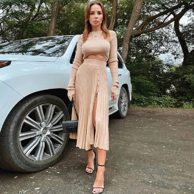 High Slit Long Sleeve Pleated Knit Sweater Matching Set - Khaki Anti-Pilling Anti-Shrink Durable High Slit Long Sleeve Pleated Knit Sweater Matching Set - Khaki Anti-Pilling Anti-Shrink Durable