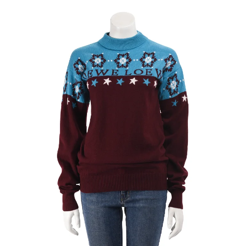 Loewe Blue & Burgundy Wool Snowflake Sweater L Silk Blend Satin Velvet