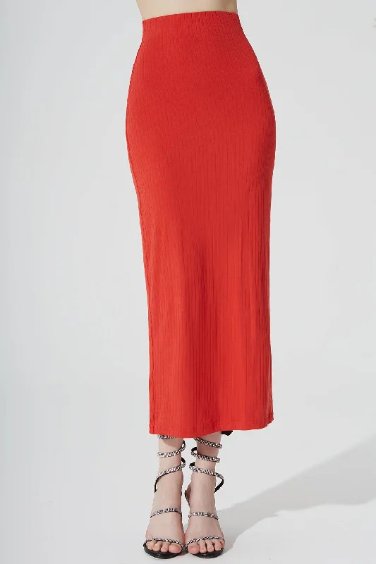 Calista Knitted Slit Skirt - Scarlet linen skirt light