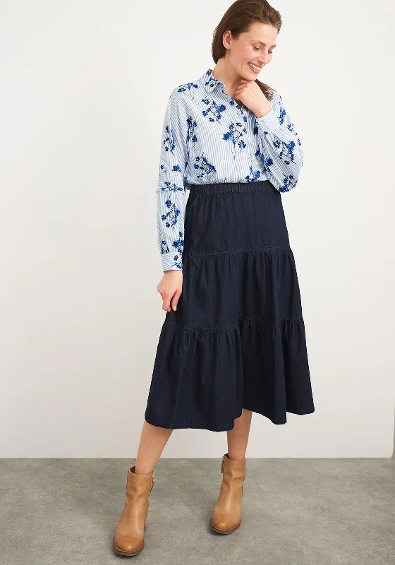 White Stuff Mia Tiered Denim Midi Skirt, Navy cashmere skirt rich