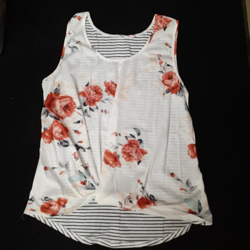 White Striped Floral Tank crew neck tank
