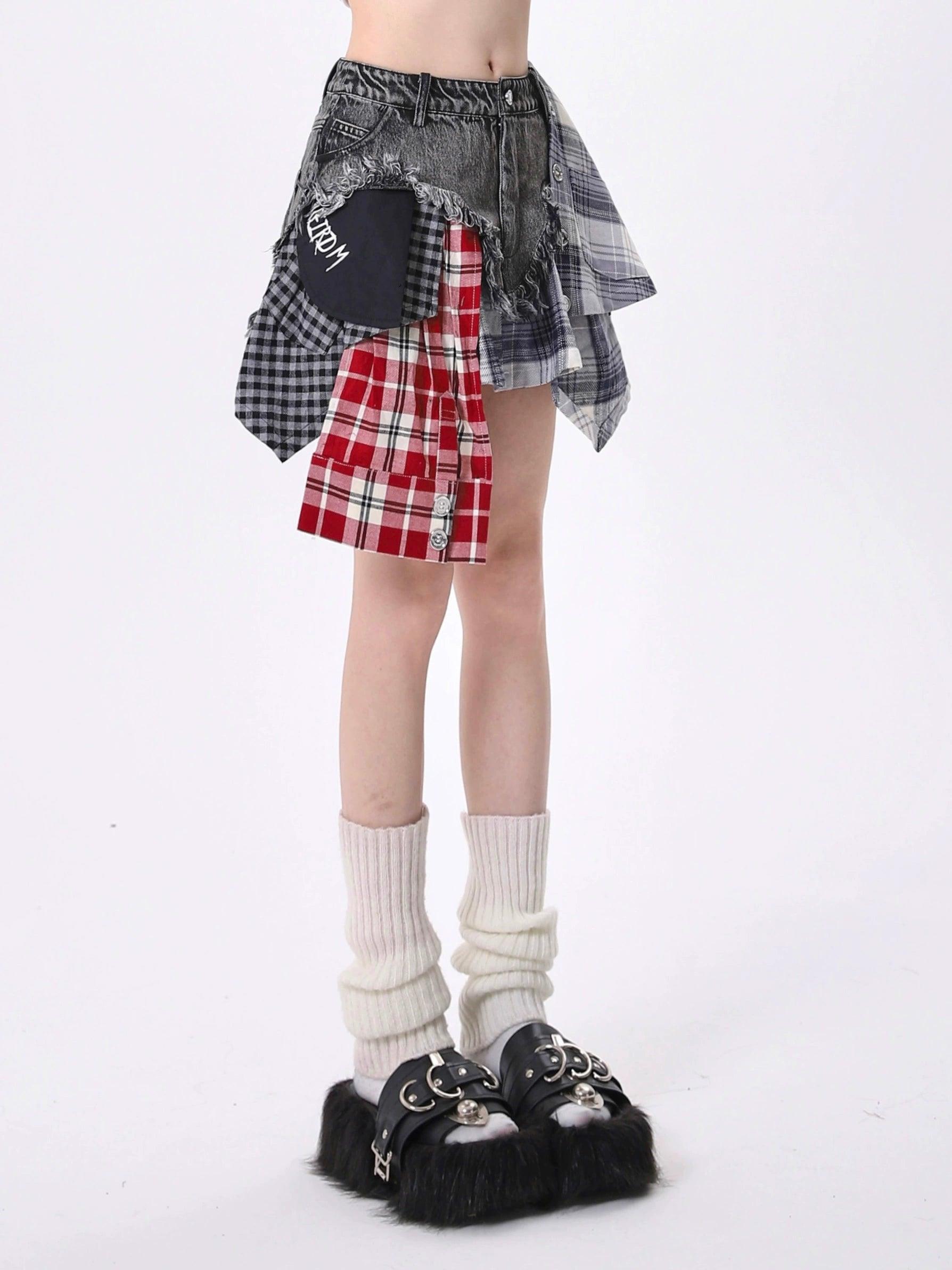 Rayohopp Edgy Grunge Outfit Set - Women'S Asymmetrical Patchwork Skirt With Cropped 'Angster Club' Graphic Tee denim skirt classic