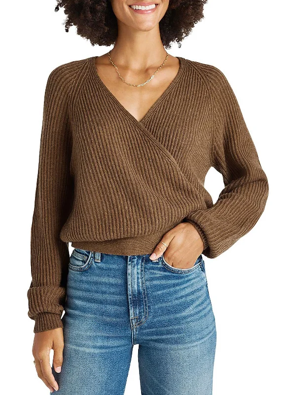 Adele Womens Ribbed Knit Wrap Sweater Cable Knit Ribbed Knit Lace Knit