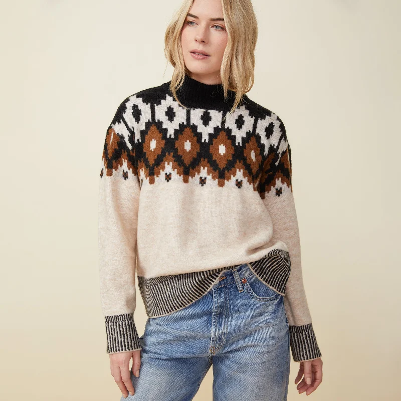 Mock Neck Fair Isle Sweater Tailored Straight A-Line