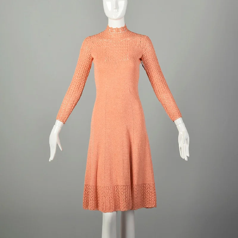 Medium 1970s Peach Knit Dress Spring Sweater Long Sleeve Boat Neck Shawl Collar Notched Collar Medium 1970s Peach Knit Dress Spring Sweater Long Sleeve Boat Neck Shawl Collar Notched Collar