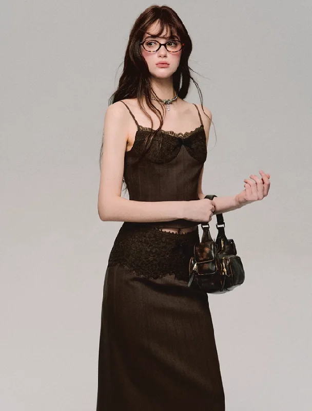 Lace Trim Satin Camisole/Skirt denim skirt fashionable