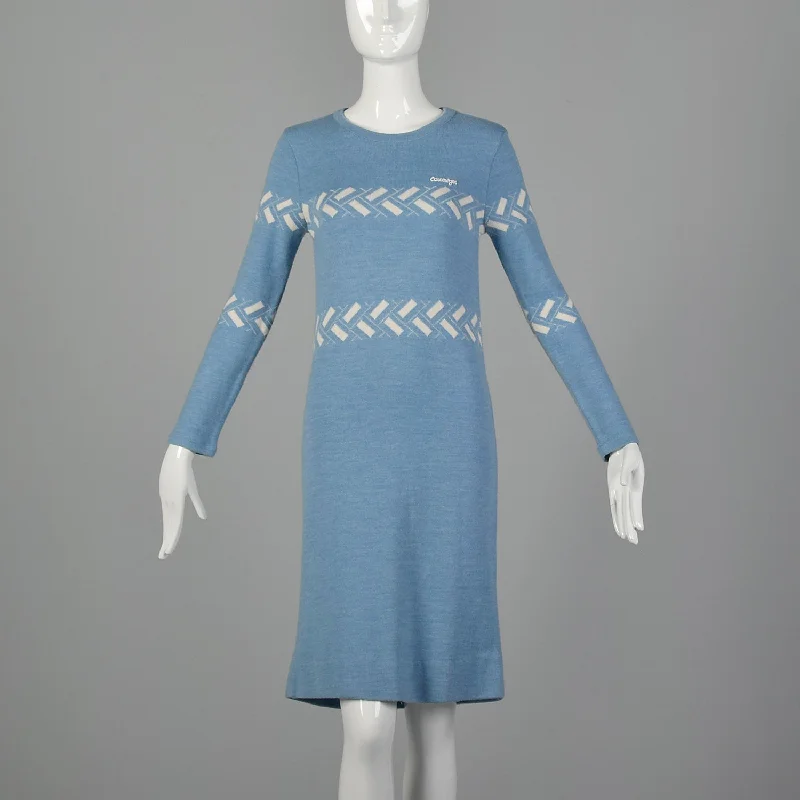 XS Courreges 1970s  Blue Sweater Dress Terry Terry Cloth Terry Knit