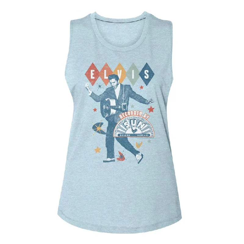 SUN RECORDS Tank Top for Ladies, Elvis Retro Shapes ribbed tank top