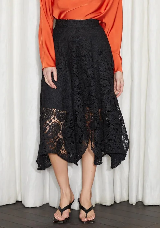Jovonna Talia Handkerchief Crochet Midi Skirt, Black wool skirt breathable