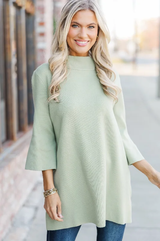 With Ease Sage Green Mock Neck Sweater Tunic Lace Blend Ribbed Blend Corduroy Blend