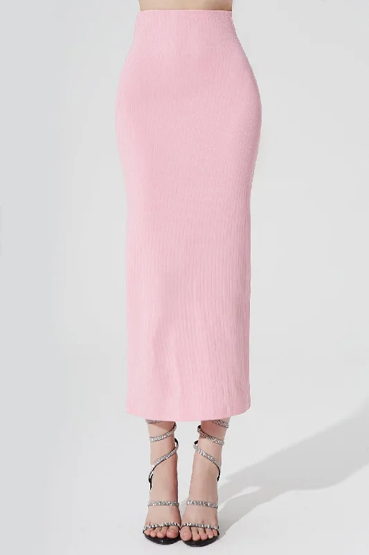 Calista Knitted Slit Skirt - Baby Pink velvet skirt glossy