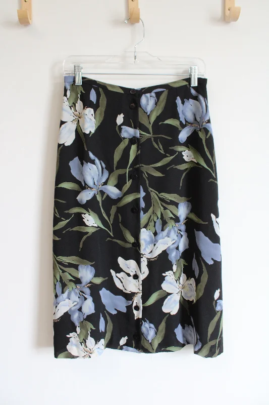 Josephine Chaus Vintage Blue & Green Floral Black Button Down Skirt | 10 Petite denim skirt fashionable