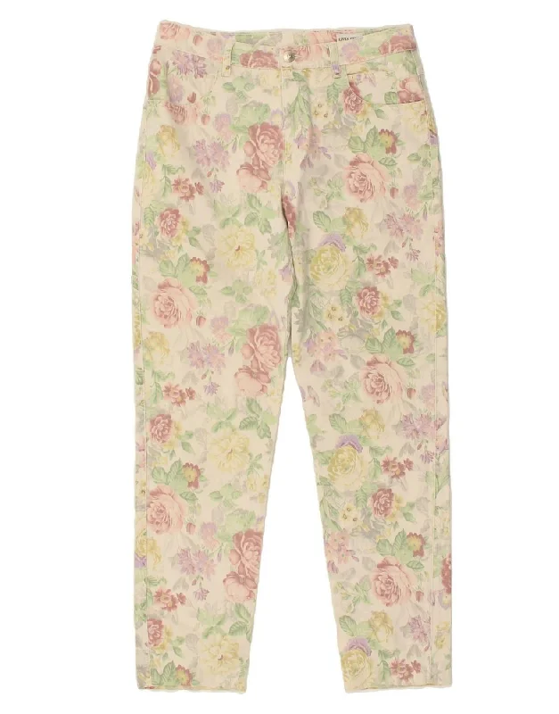 VINTAGE Womens Slim Casual Trousers W38 L28  Beige Floral Trousers Floral Bohemian
