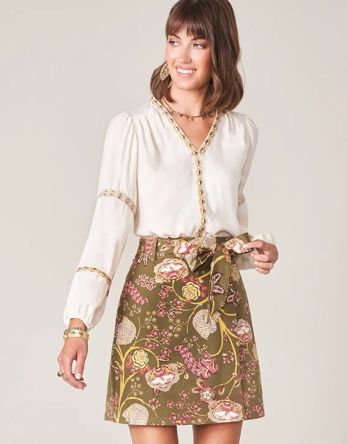 Linden Stretch Skirt - Jones Hundred Olive denim skirt casual