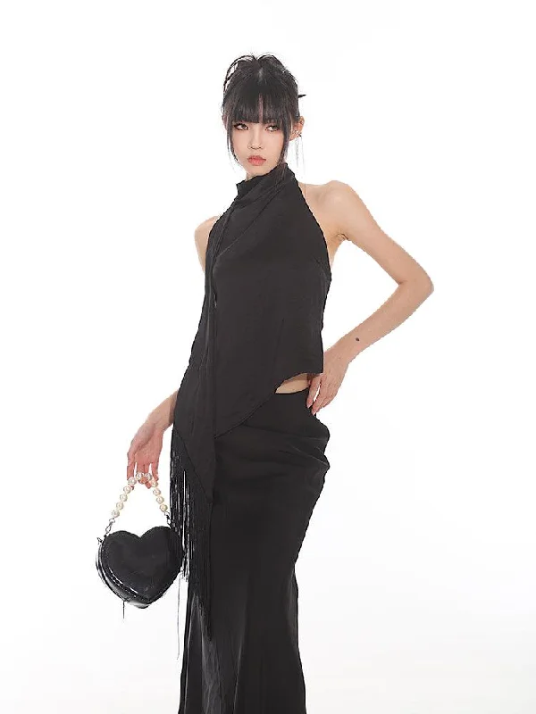 Elegant Halter Neck Open-Back Top & Mermaid Maxi Skirt Set linen skirt natural