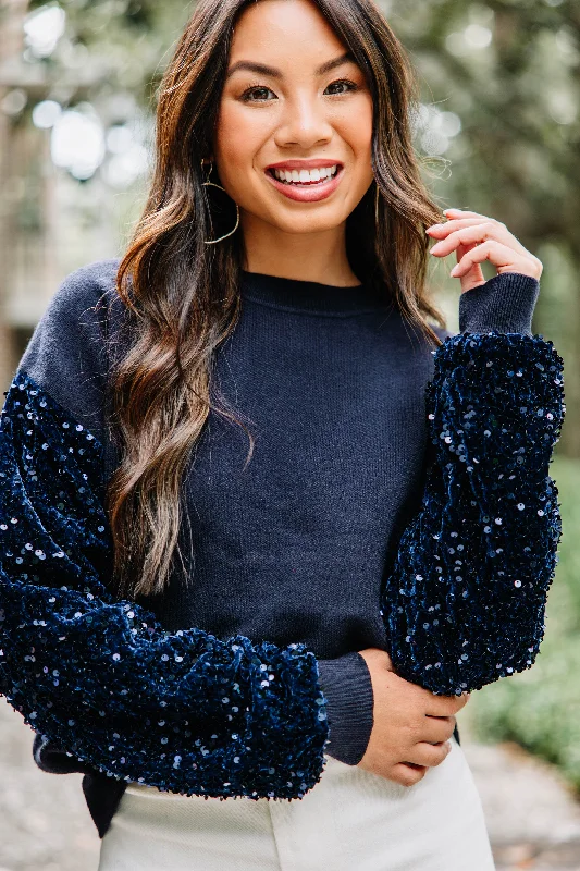 Don't Think Twice Navy Blue Sequin Sweater Solid Color Striped Floral Print