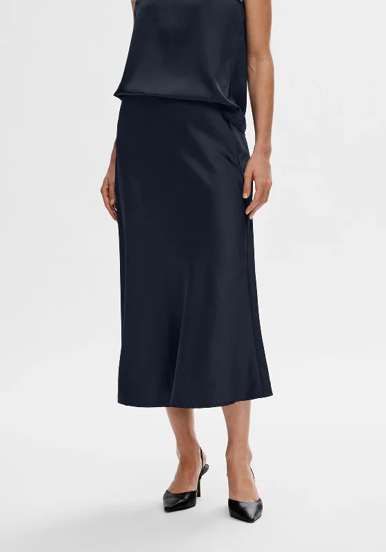 Selected Femme Lena Satin Midi Skirt, Dark Sapphire lace skirt feminine