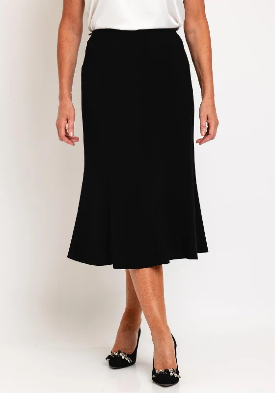 Avalon Panel Flared Midi Skirt, Black denim skirt casual