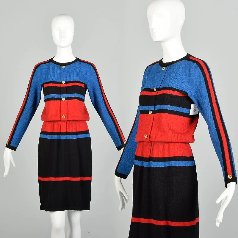 XS-Small 1980s Adolfo Long Sleeve Sweater Dress Color Block Knit Stripe Dress Denim Fabric Leather Fabric Suede Fabric XS-Small 1980s Adolfo Long Sleeve Sweater Dress Color Block Knit Stripe Dress Denim Fabric Leather Fabric Suede Fabric