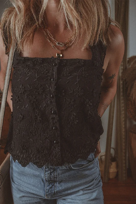 Black Floral Embroidered Buttoned Square Neck Tank Top lemon yellow tank