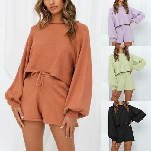 Womens Lantern Sleeve Sweater Shorts Home Suit Hooded Caped Shawl Collar