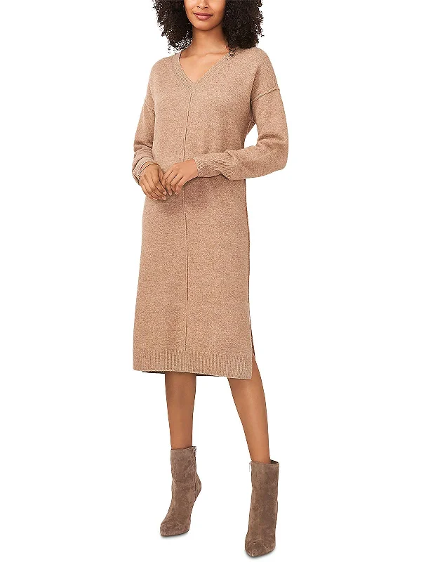 Womens Knit Long Sleeves Sweaterdress Solid Print Embellished