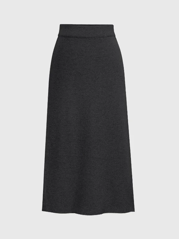 Woolen Slit Knit Midi Skirt denim skirt classic