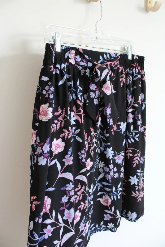 Elle Black Blue & Pink Floral Tied Skirt | L ribbed skirt waist