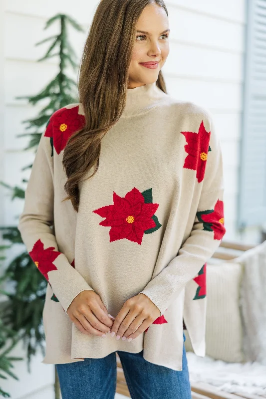 Quick Decisions Oatmeal Poinsettia Sweater Turtle Neck Boat Neck Asymmetrical Neck