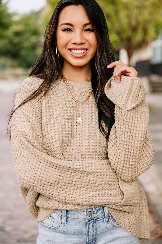 Easy Find Taupe Brown Waffle Knit Sweater Mesh Sweater Canvas Denim