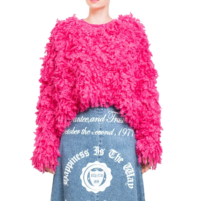 Sweater with "Boucle Meta fur" concept Fucsia Ribbed Striped Patterned