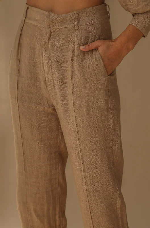 Fiamma Pure Linen Cigarette Leg Trousers in Cammello Trousers cozy comfortable