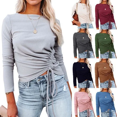 Womens Drawstring Solid Color Long Sleeve Sweater Collared Crew Neck Turtle Neck