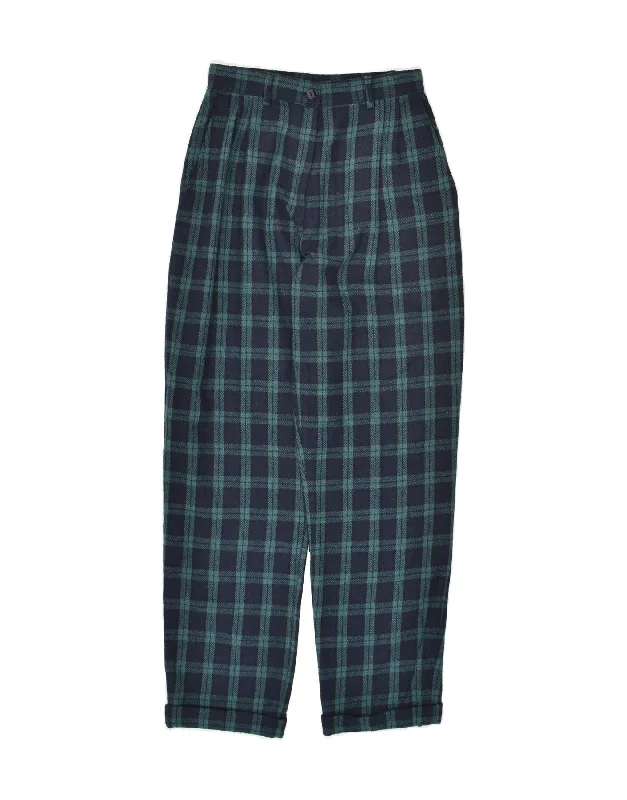 VINTAGE Womens Tapered Chino Trousers W26 L29 Navy Blue Check Trousers Elastic Waist Soft VINTAGE Womens Tapered Chino Trousers W26 L29 Navy Blue Check Trousers Elastic Waist Soft
