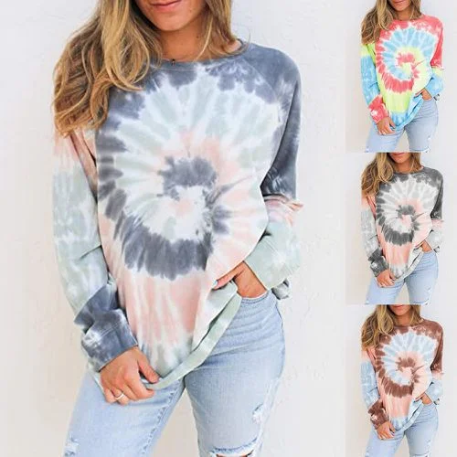 Womens Gradient Long Sleeve Tie Dyed T Shirt Top Round Neck Sweater Notch Collar Peter Pan Collar Cowl Neck