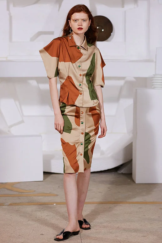 Rimless | Khaki Orange Green Pleated Skirt leather skirt modern