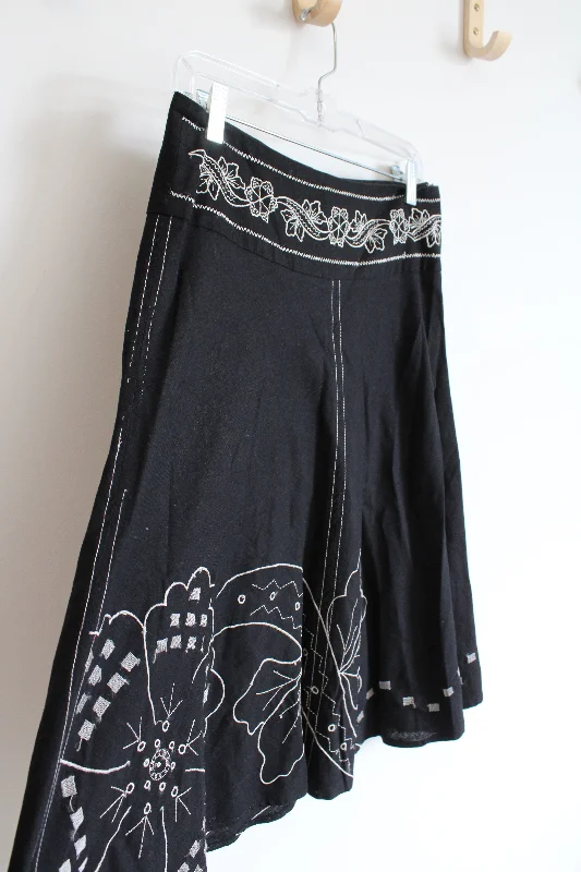 Willi Smith White Embroidered Floral Black Skirt | 6 silk skirt lustrous