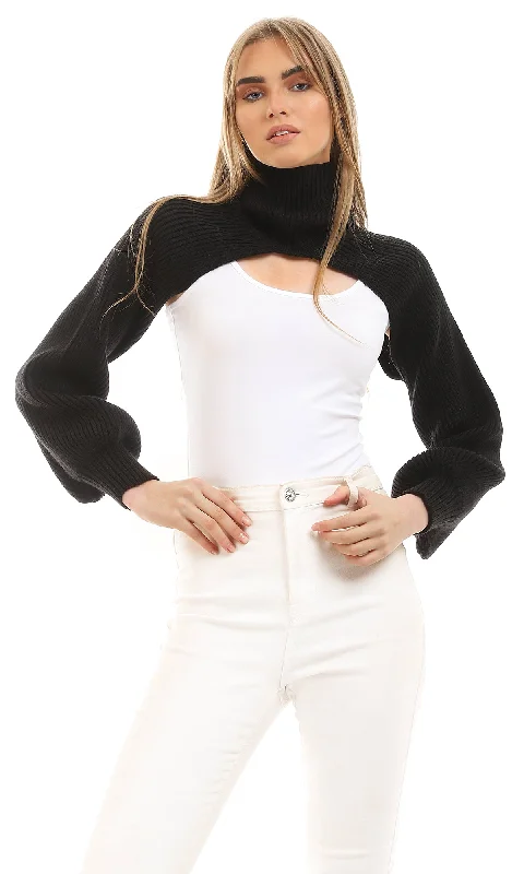 96341 Knitted Turtle Neck Black Super Cropped Sweater Fitted Loose Oversized