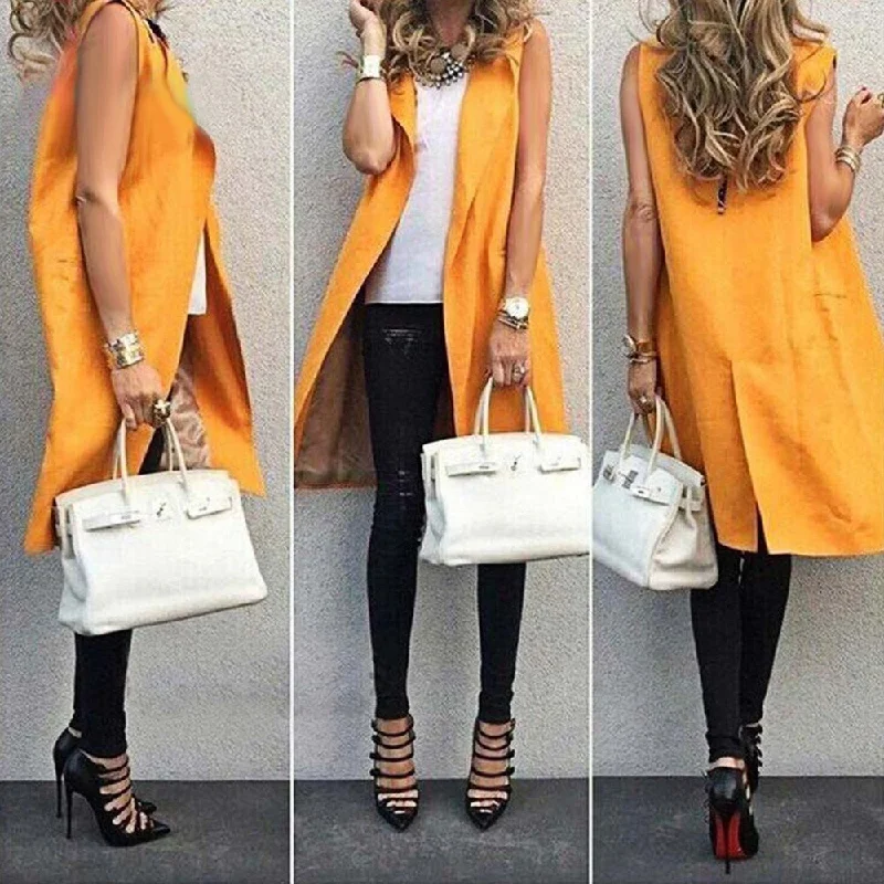 Fashion Long Vest Jacket For WomenTurn Down Collar Sleeveless Orange Trench Coat Ladies Waistcoat Outwear Cardigan Sweater Pullover Fashion Long Vest Jacket For WomenTurn Down Collar Sleeveless Orange Trench Coat Ladies Waistcoat Outwear Cardigan Sweater Pullover