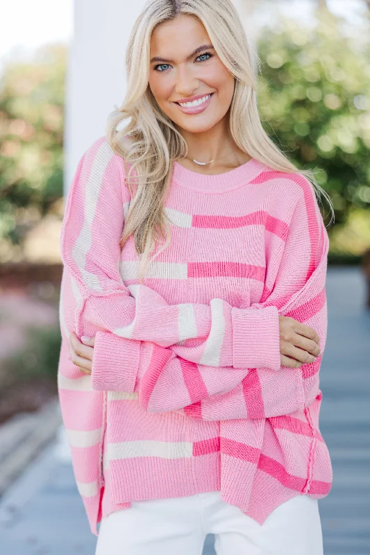 Give You Joy Pink Striped Sweater Chenille Brocade Lace
