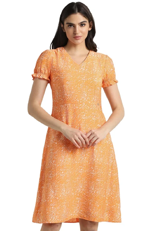 Allen Solly Women's Viscose A-Line Knee-Length Dress (Orange)