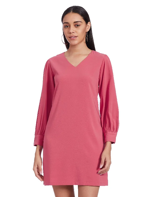 AND Women's Polyester A-Line Knee-Length Dress (Peach)