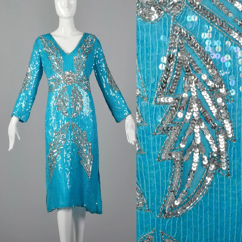 Medium 1970s India Blue Silk Sequin Cocktail Dress