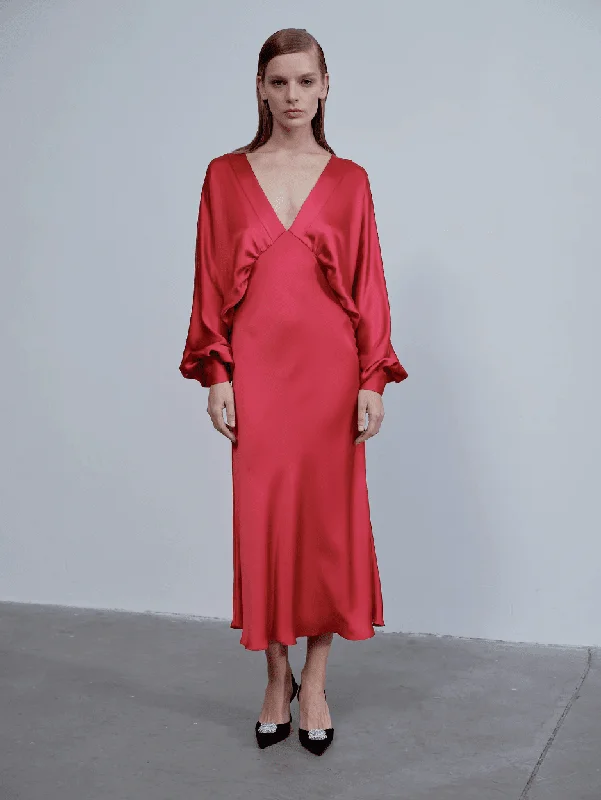 Mila V Neck Satin Dress in Red