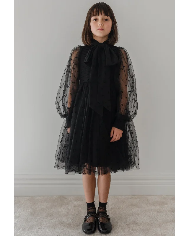 PETITE AMALIE "Enchanted Delight" Black Rose Flocked Mesh Bow Dress