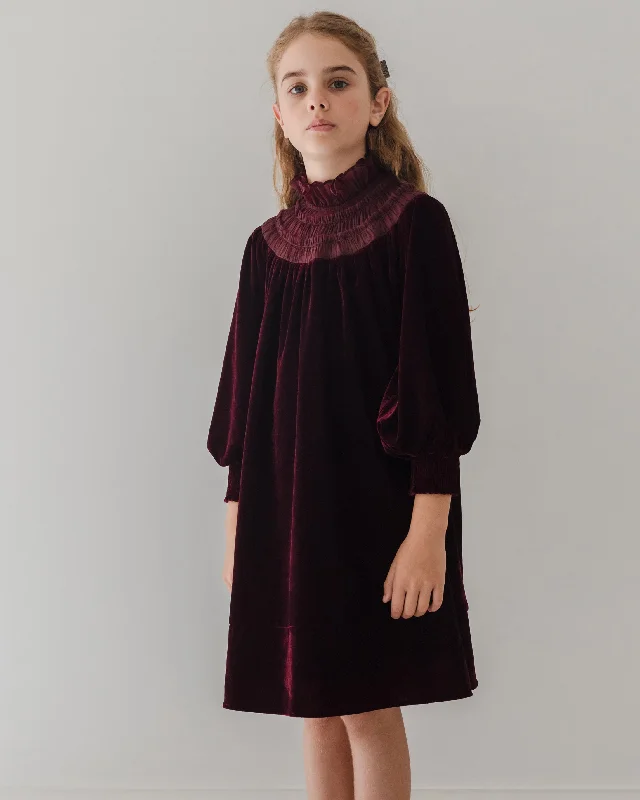 PETITE AMALIE "Enchanted Delight" Velvet Shirred Organza Dress in Burgundy