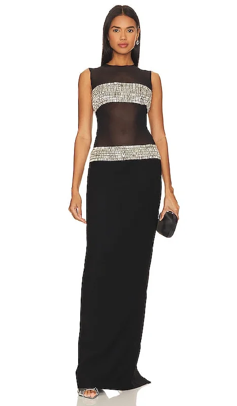 RASARIO Crystal Mesh Gown in Black